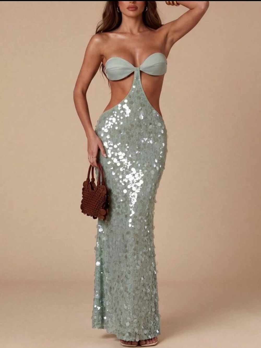 Strapless Sequin Cutout Maxi Dress in Sage Green